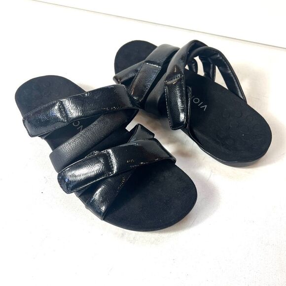 Vionic Women's Glossy Black Flat Sandals Size 8 Adjustable Cross Straps Leather - Picture 2 of 11